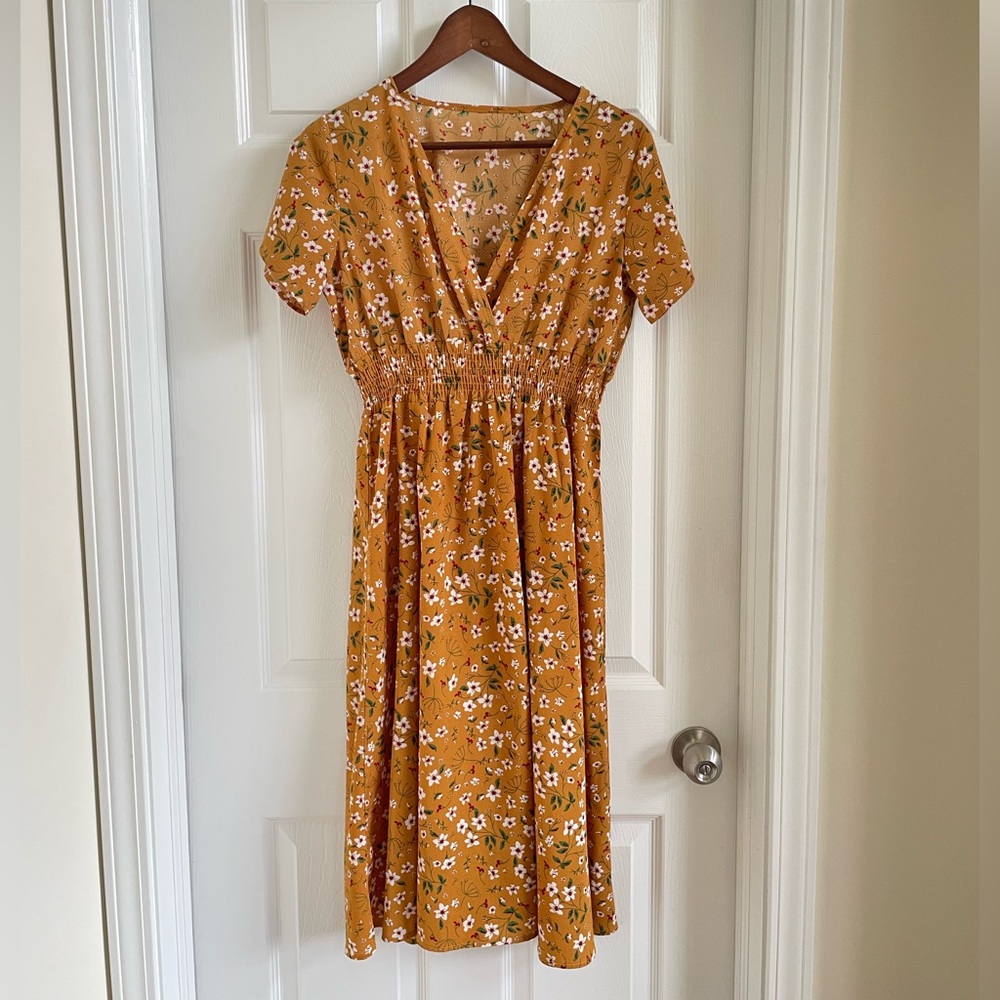 Floral V-Neck Midi Dress in Mustard